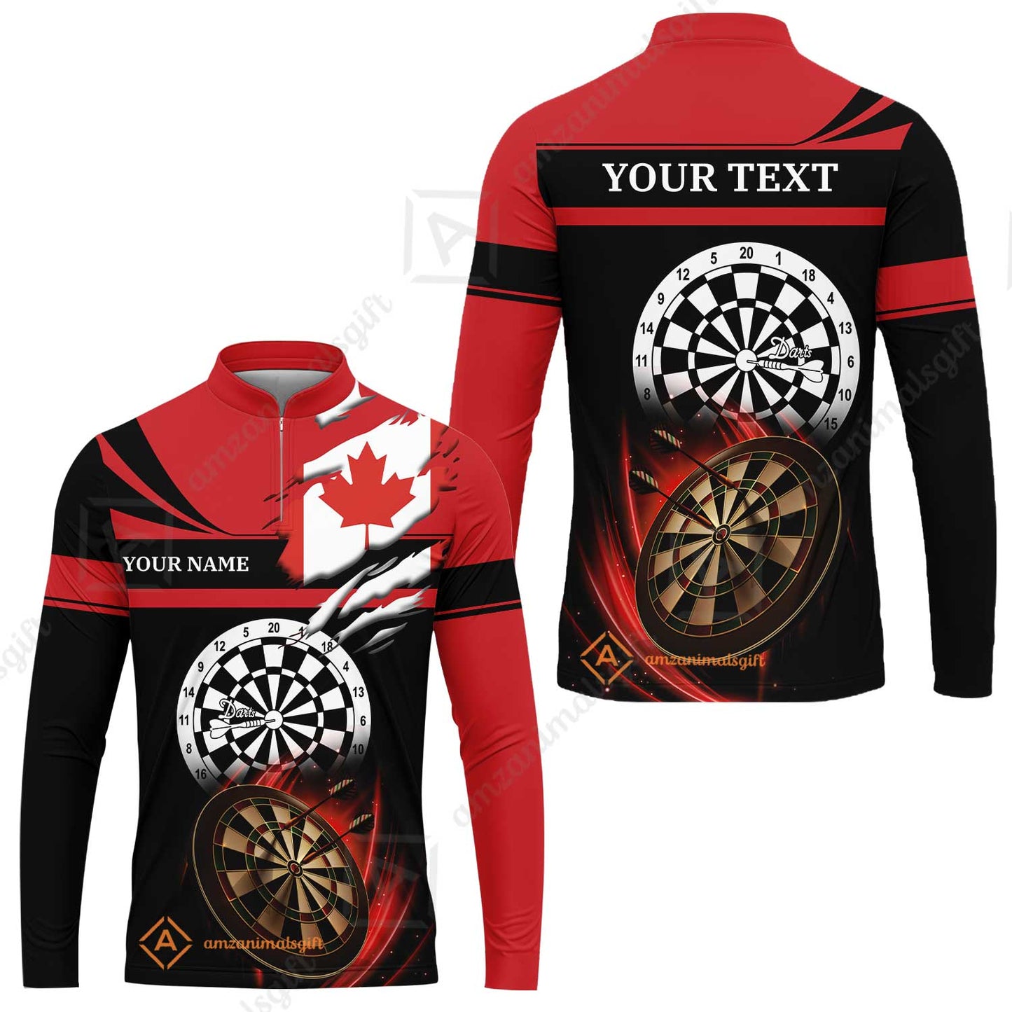 Customized Name & Text Darts Quarter-Zip Polo Shirt, Canada Flag Personalized Name Darts Quarter-Zip Polo Shirt