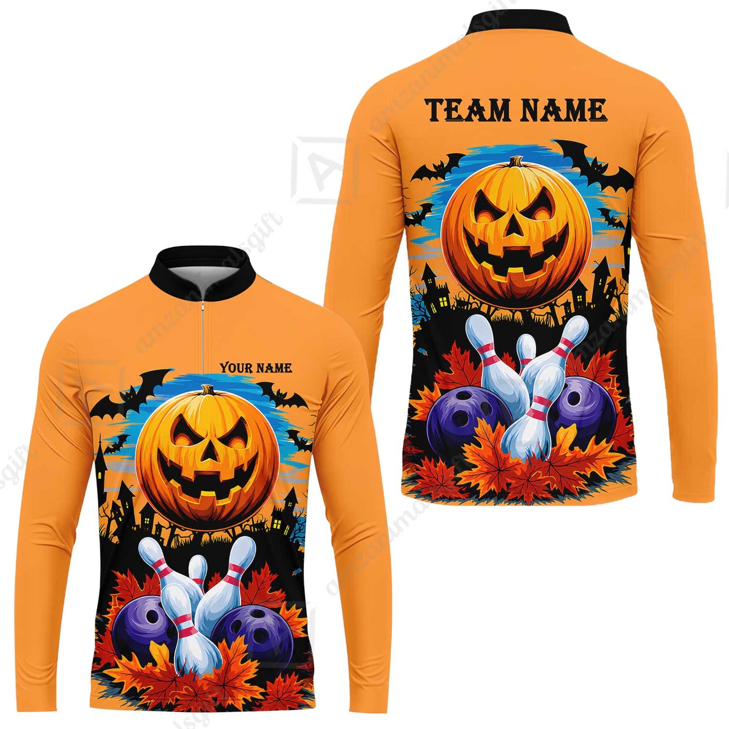 Custom Bowling Jersey Polo Shirt, Halloween Pumpkin Bowling, Personalize Name and Team Name