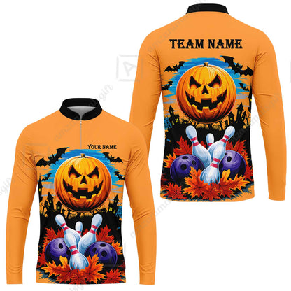 Custom Bowling Jersey Polo Shirt, Halloween Pumpkin Bowling, Personalize Name and Team Name