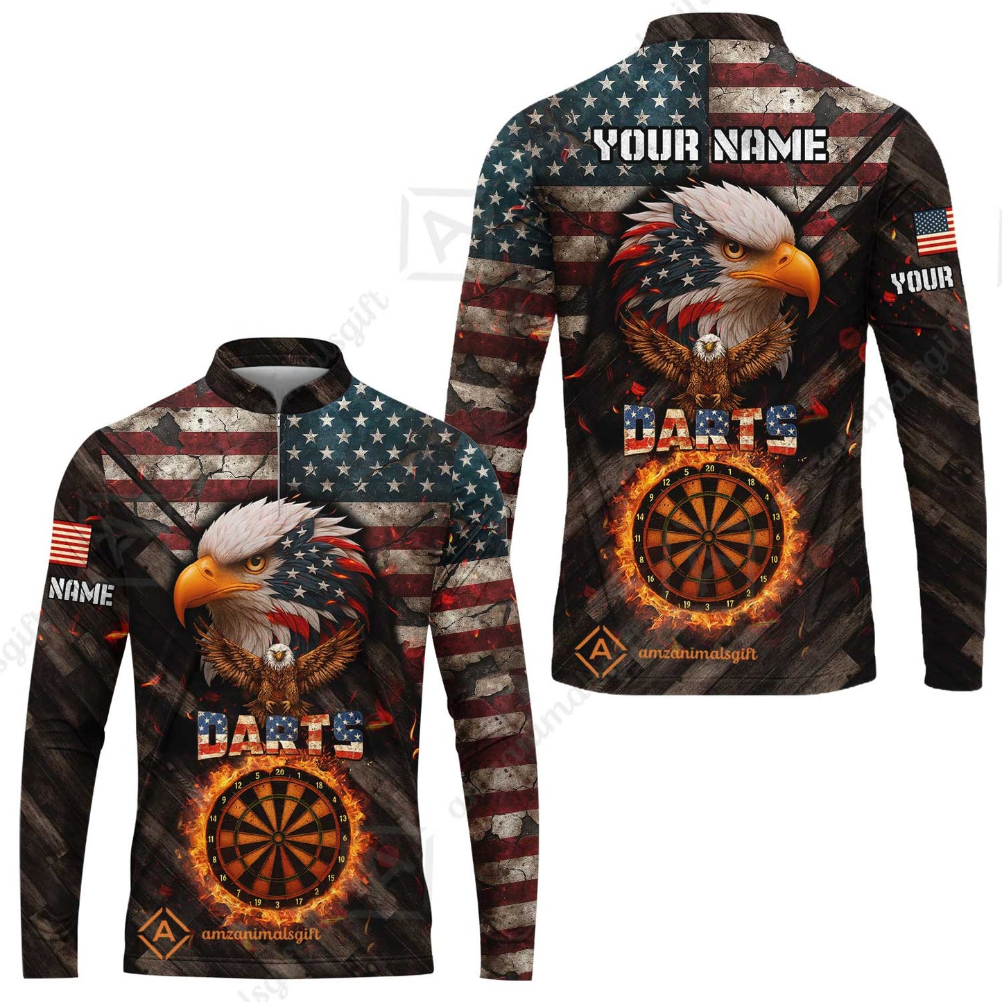 Customized American Flag Darts Polo Shirt, Darts Dartboard Fire Flame Eagle Style Jersey Polo Shirt for Darts Players