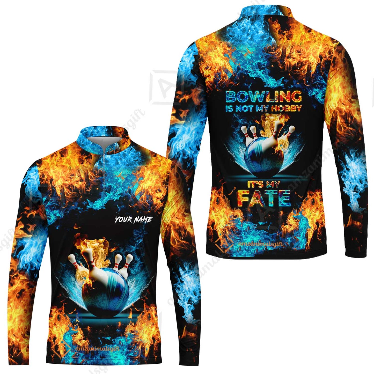 Bowling Custom Zip Polo Shirt - Custom Name Blue Bowling Ball And Pins On Fire Personalized Bowling Zip Polo Shirt