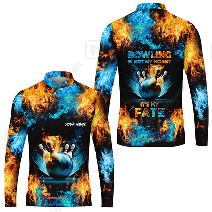 Bowling Custom Zip Polo Shirt - Custom Name Blue Bowling Ball And Pins On Fire Personalized Bowling Zip Polo Shirt