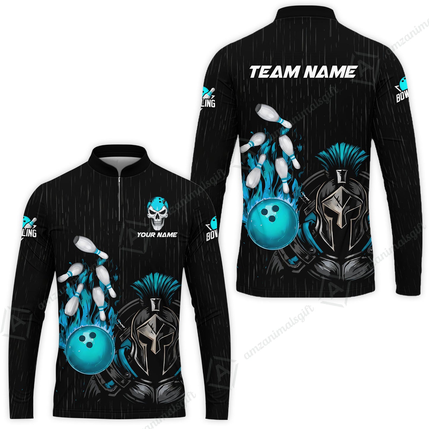 Custom Bowling Jersey Polo Shirt, Fire Bowling Knight Rain Skull Logo, Personalize Name & Team Name