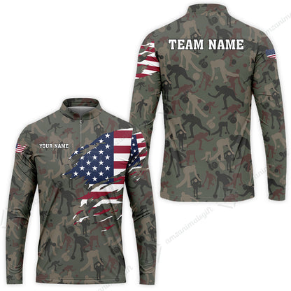 Custom Bowling Jersey Polo Shirt, American Flag Woodland Green Camouflage, Custom Bowling Jersey Team Shirt For Players With Name and Team Name