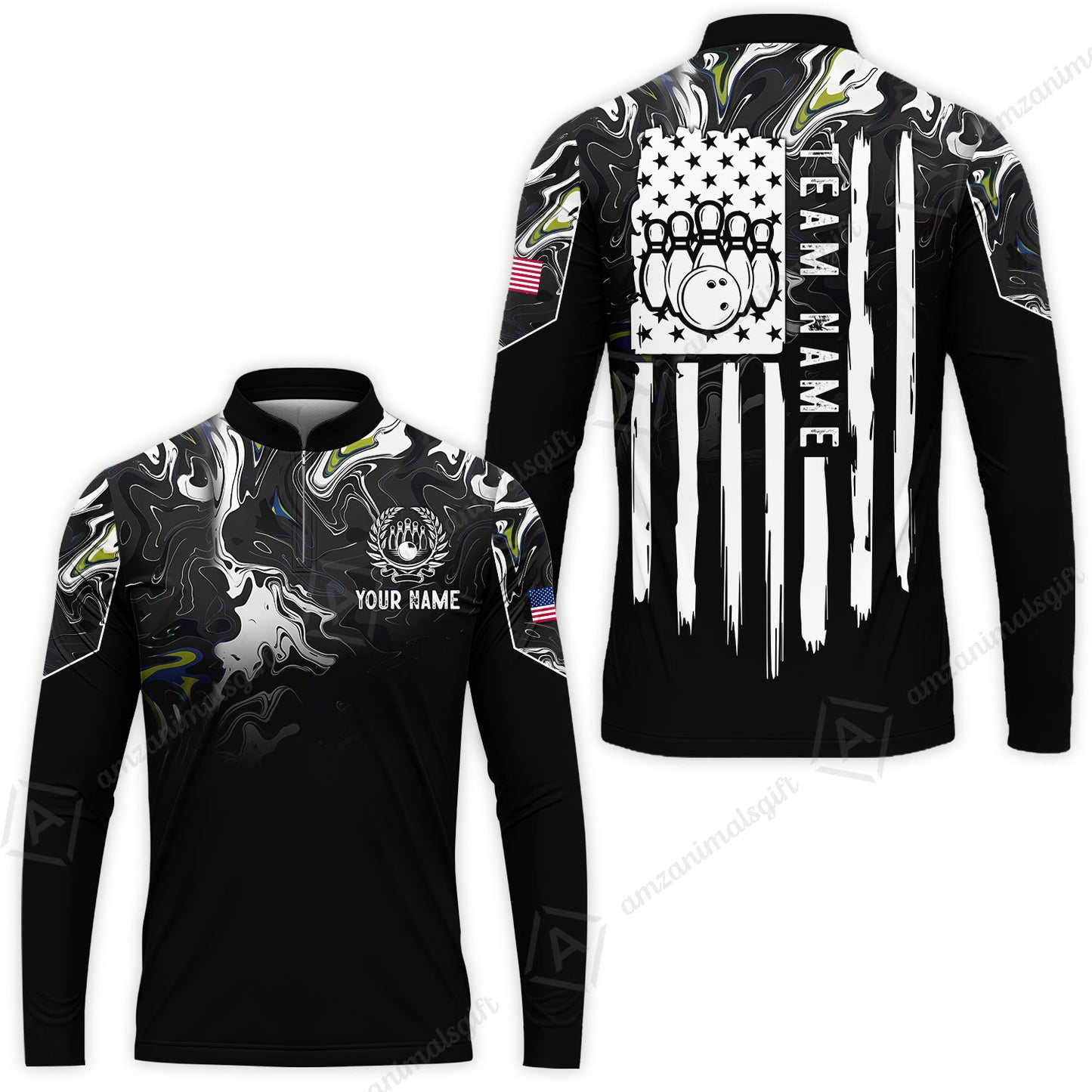 Custom Bowling Jersey Polo Shirt, Monochrome Fluid Marble Patriotic Flag, Custom Bowling Jersey Team Shirt For Players With Name and Team Name
