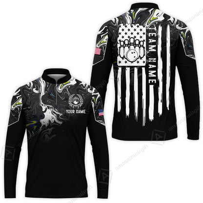 Custom Bowling Jersey Polo Shirt, Monochrome Fluid Marble Patriotic Flag, Custom Bowling Jersey Team Shirt For Players With Name and Team Name