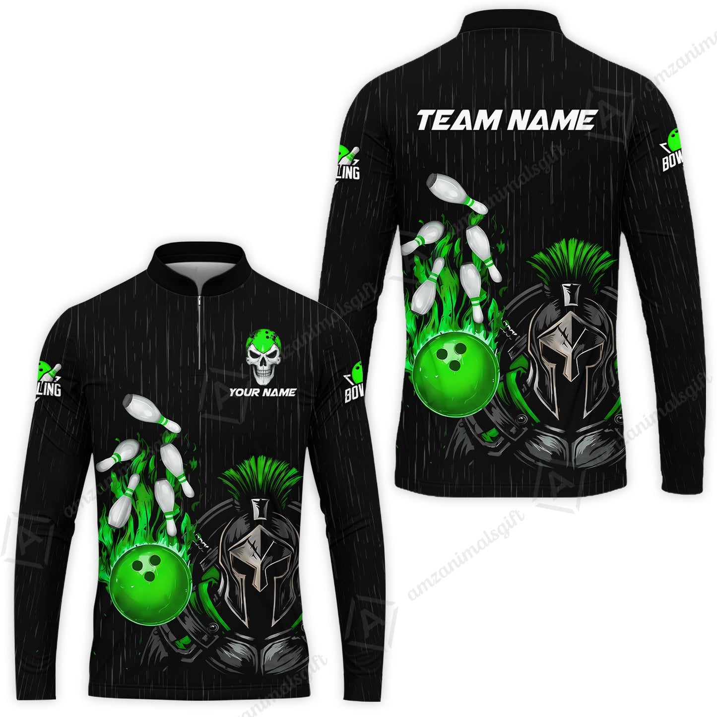 Custom Bowling Jersey Polo Shirt, Fire Bowling Knight Rain Skull Logo, Personalize Name & Team Name