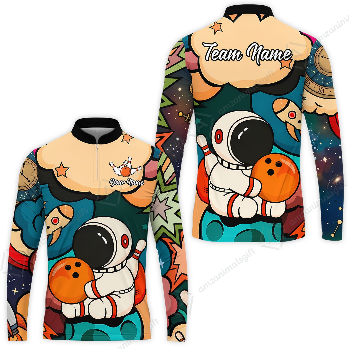 Custom Bowling Jersey Polo Shirt, Astronaut Bowling Galaxy Flight, Personalized Name And Team Name