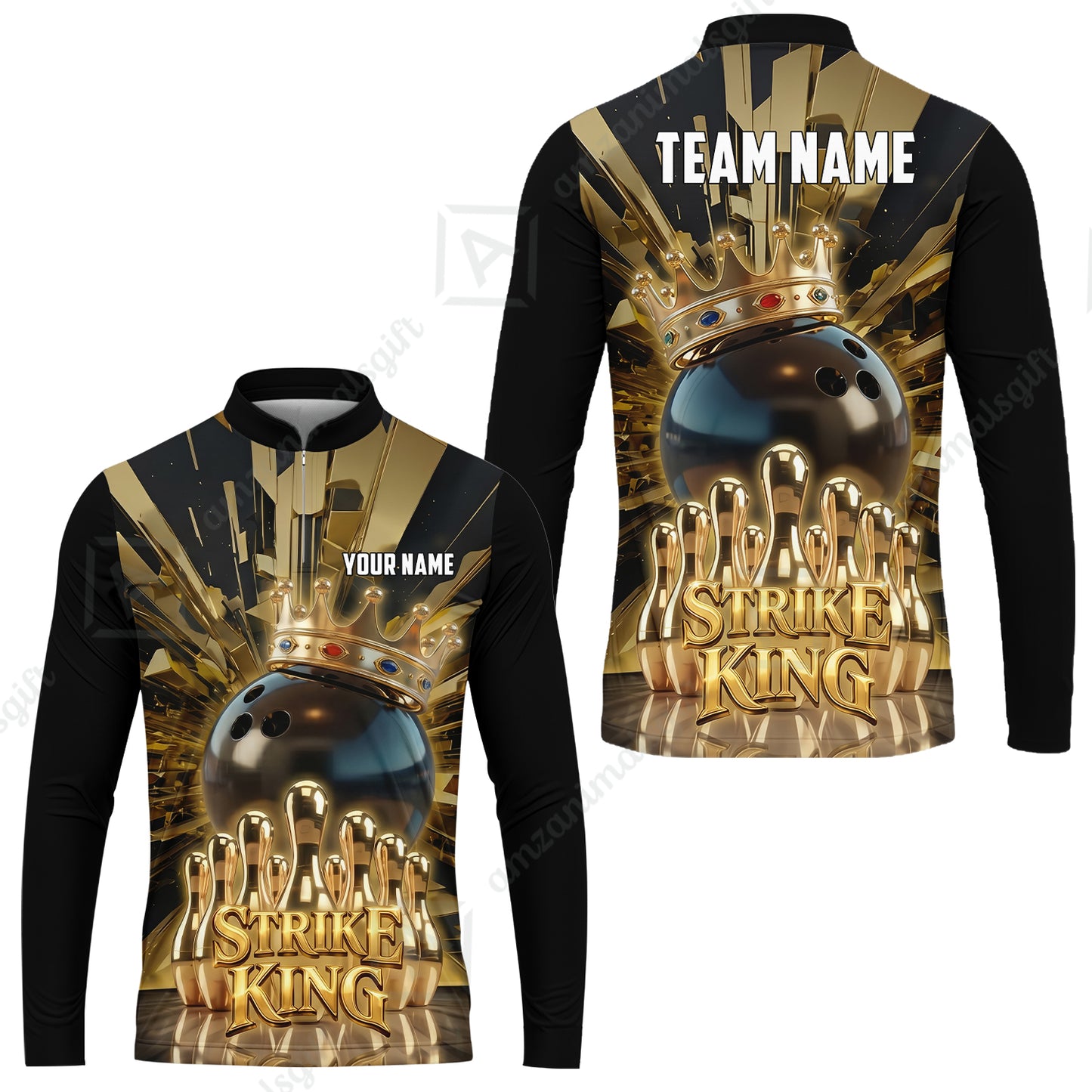 Custom Bowling Jersey Polo Shirt, Luxury Gold Strike King Crown, Custom Bowling Jersey Team Shirt For Players With Name and Team Name