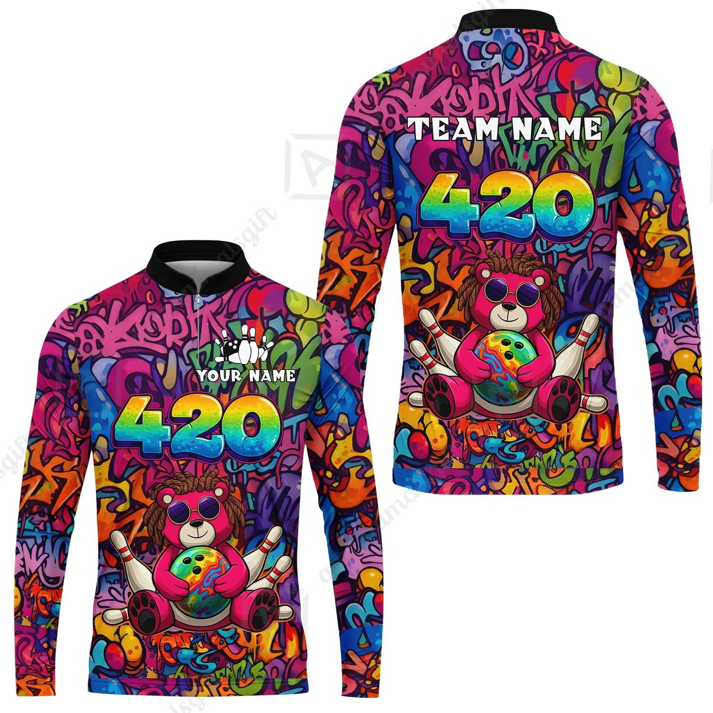 Custom Bowling Jersey Polo Shirt, 420 Graffiti Stoner Bear Colorful Street Art, Custom Bowling Jersey Team Shirt For Players With Name & Team Name