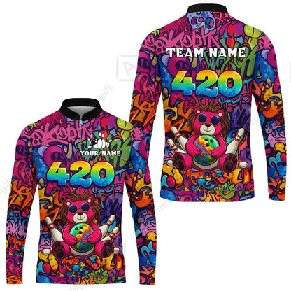 Custom Bowling Jersey Polo Shirt, 420 Graffiti Stoner Bear Colorful Street Art, Custom Bowling Jersey Team Shirt For Players With Name & Team Name