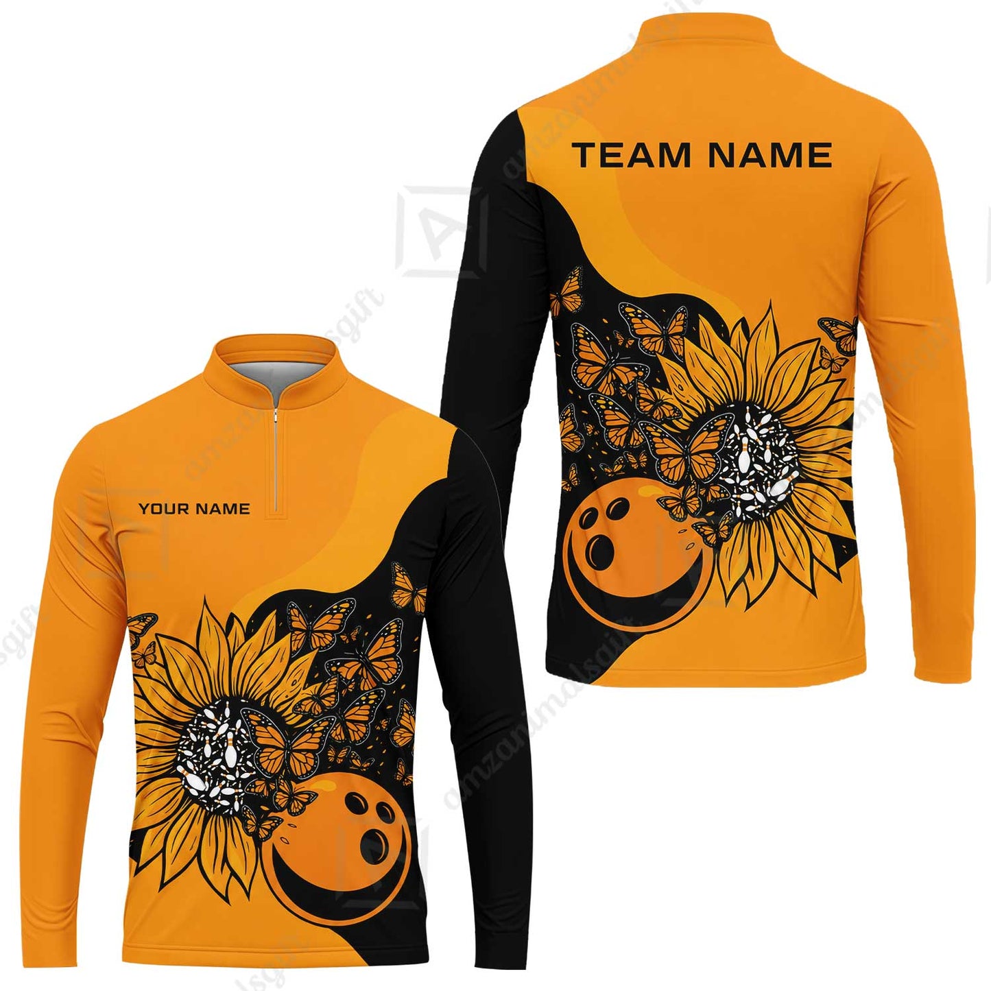 Custom Bowling Jersey Polo Shirt, Radiant Sunflower Butterfly Bloom, Custom Bowling Jersey Team Shirt For Players With Name and Team Name