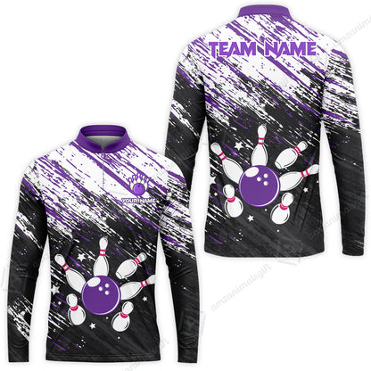 Customized Bowling Unisex Polo Shirt, Floral Pattern Black Purple Brush Wrap Abstract, Personalized Name Team Name