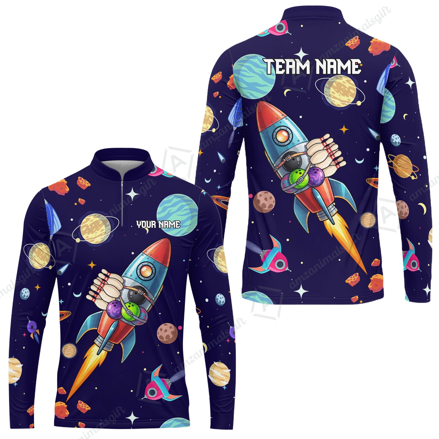 Custom Bowling Jersey Polo Shirt, Rockets Into Space, Custom Bowling Jersey Team Shirt For Players With Name and Team Name