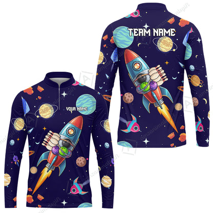 Custom Bowling Jersey Polo Shirt, Rockets Into Space, Custom Bowling Jersey Team Shirt For Players With Name and Team Name