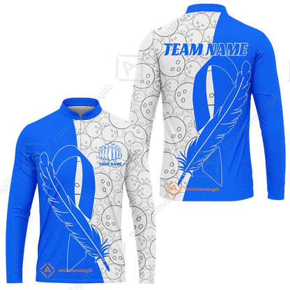 Customized Bowling Team Uniform Shirts, Blue Ribbon Feather Combined With Bowling Pattern Personalized Team & Player Jersey
