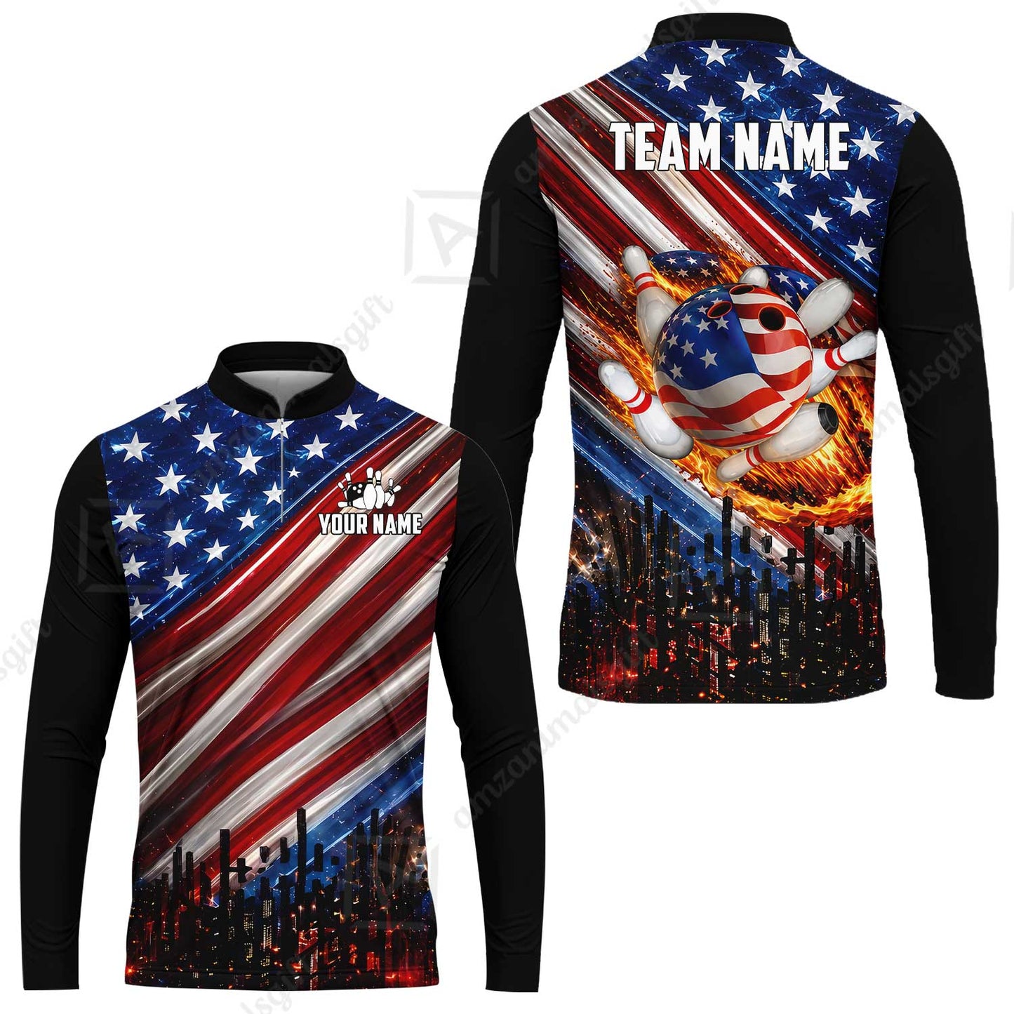 Customized American Flag Flaming Ball Bowling Jersey, Custom Name And Team Name For Bowlers