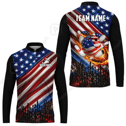 Customized American Flag Flaming Ball Bowling Jersey, Custom Name And Team Name For Bowlers