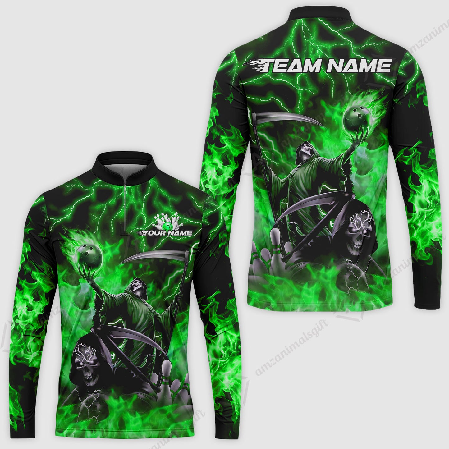 Custom Bowling Team Quarter-Zip Polo Shirt, Grim Reaper Skull With Flame Bowling Lightning Design for Bowlers, Personalized Shirt with Name and Team Name