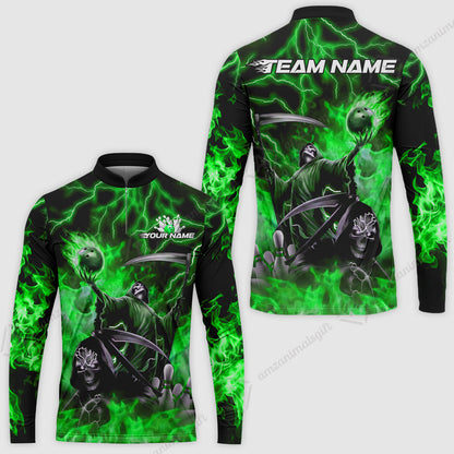 Custom Bowling Team Quarter-Zip Polo Shirt, Grim Reaper Skull With Flame Bowling Lightning Design for Bowlers, Personalized Shirt with Name and Team Name