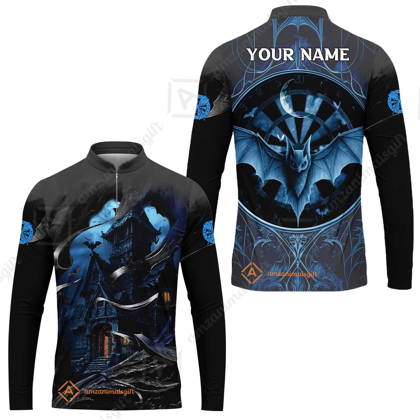 Darts Men's Long Sleeve Jersey Customized Name, Castle & Bats With Dartboard Long Sleeve Jersey- Gift For Darts Players Uniforms, Darts Lovers