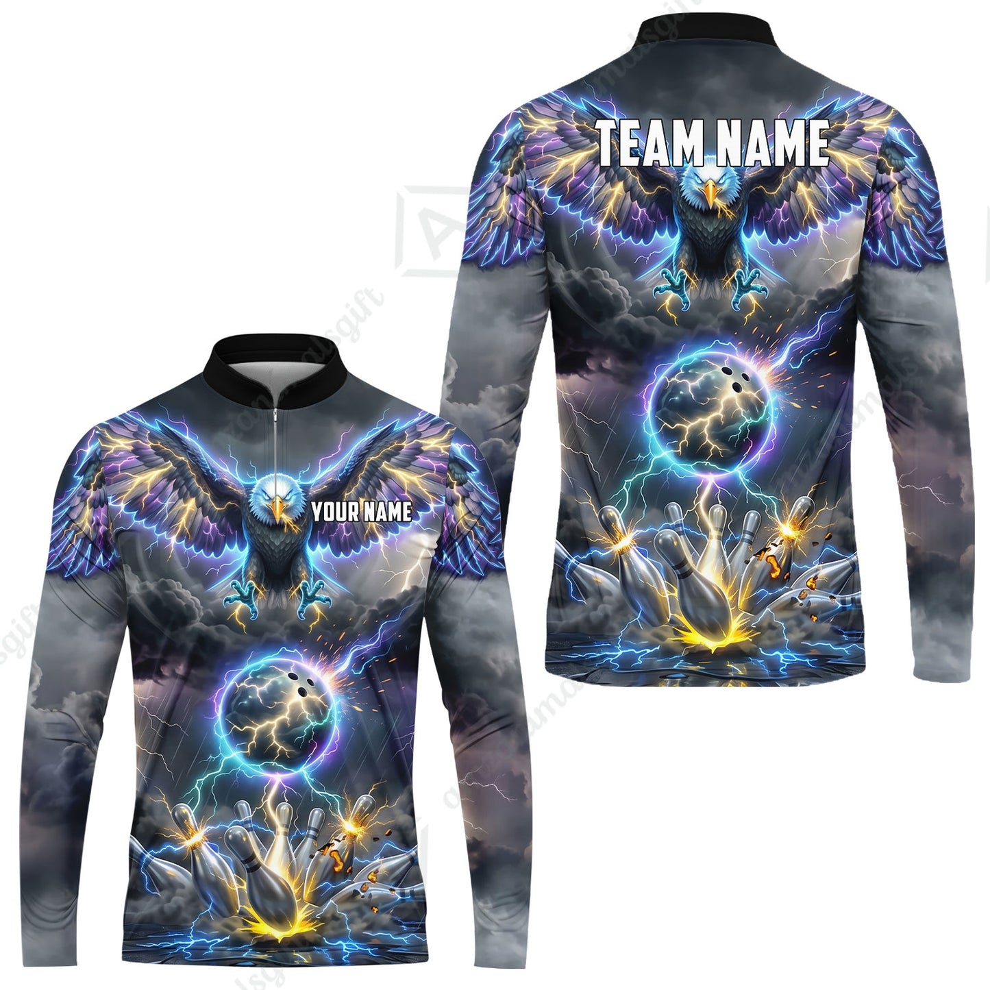 Custom Bowling Jersey Polo Shirt, Majestic Electric Lightning Eagle, Custom Bowling Jersey Team Shirt For Players With Name and Team Name