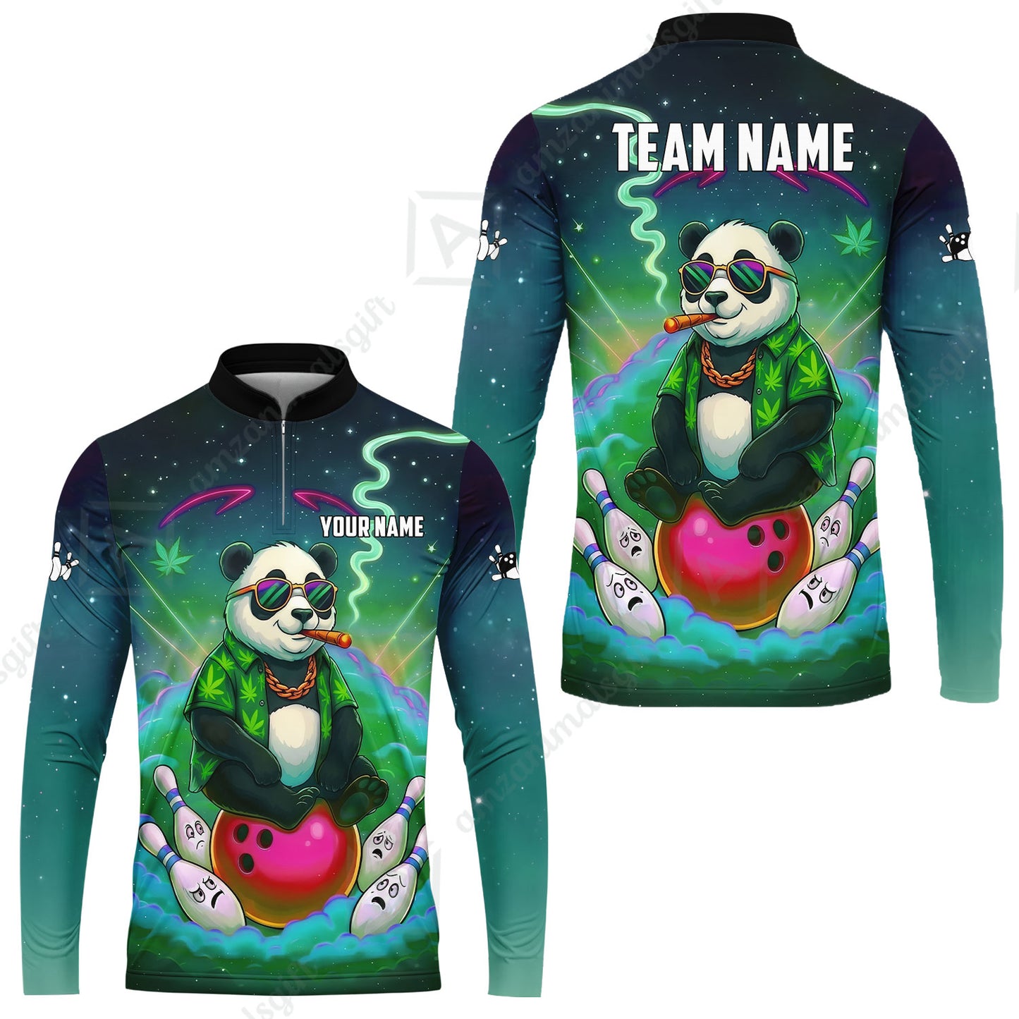 Custom Bowling Jersey Polo Shirt, Chill Panda & Cosmic Vibe, Custom Bowling Jersey Team Shirt For Players With Name & Team Name