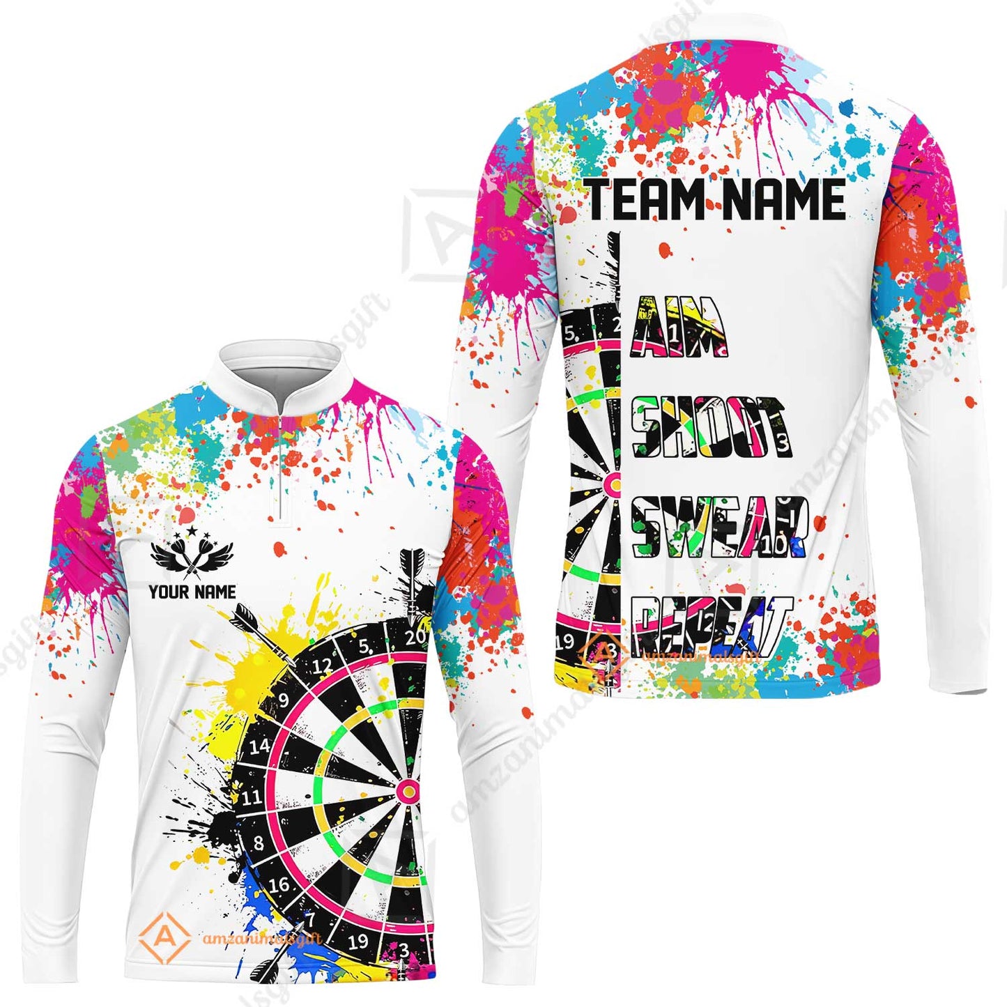 Custom Funny Dartboards Colorful Paint Quarter Zip Polo Team Shirts, Custom Aim Shoot Swear Repeat Darts Team Jerseys Uniform - White
