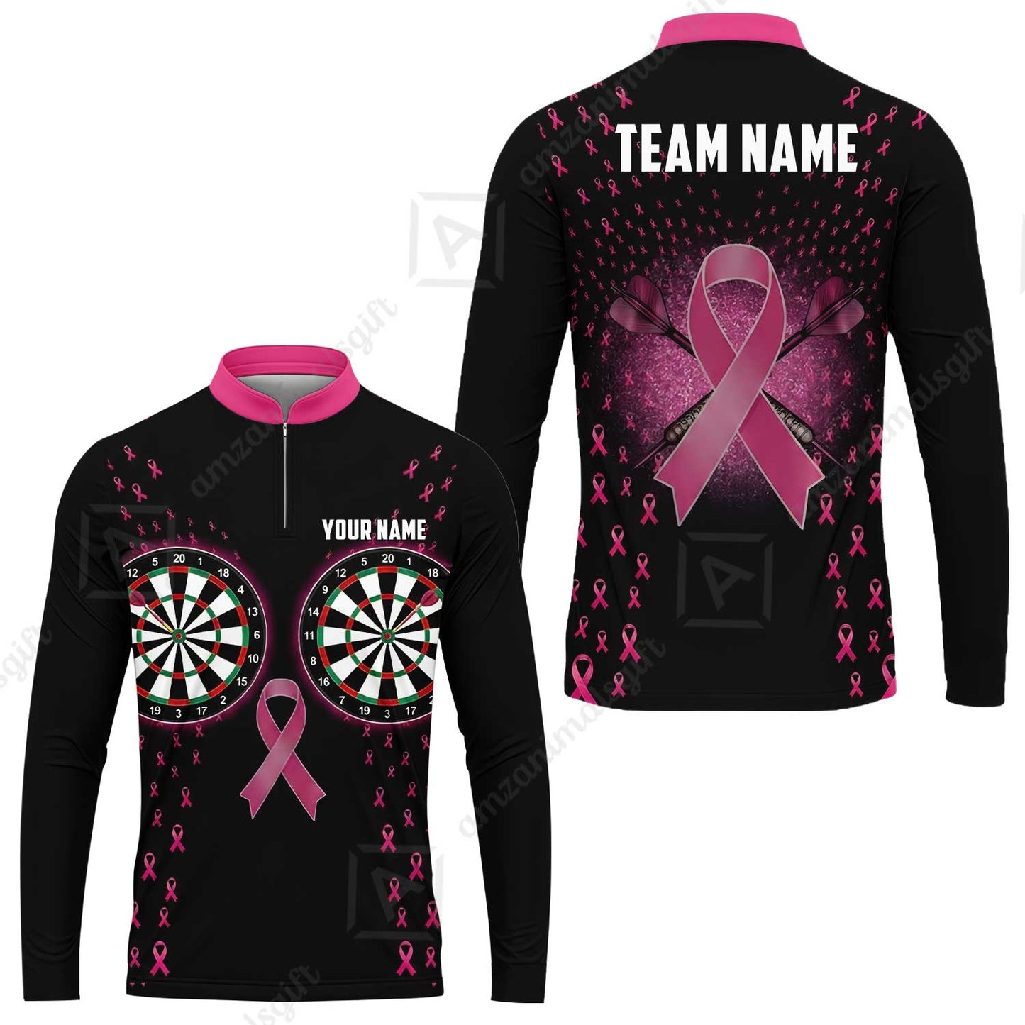 Custom Darts Team Jersey, Personalized Pink Ribbon Darts Polo Shirt For Players With Name & Team Name