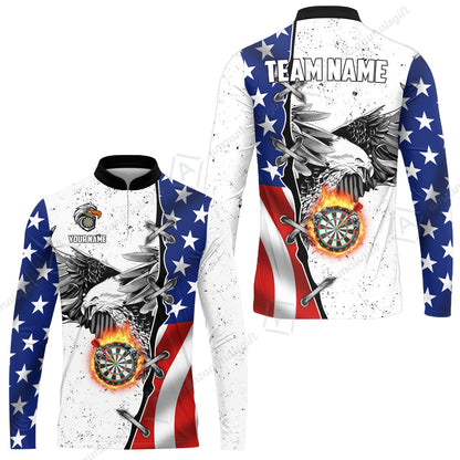 Customized Darts Team Uniform Shirt Darts US Flag White Eagle Flame Pin Dust Pattern, Personalized Name And Team Name