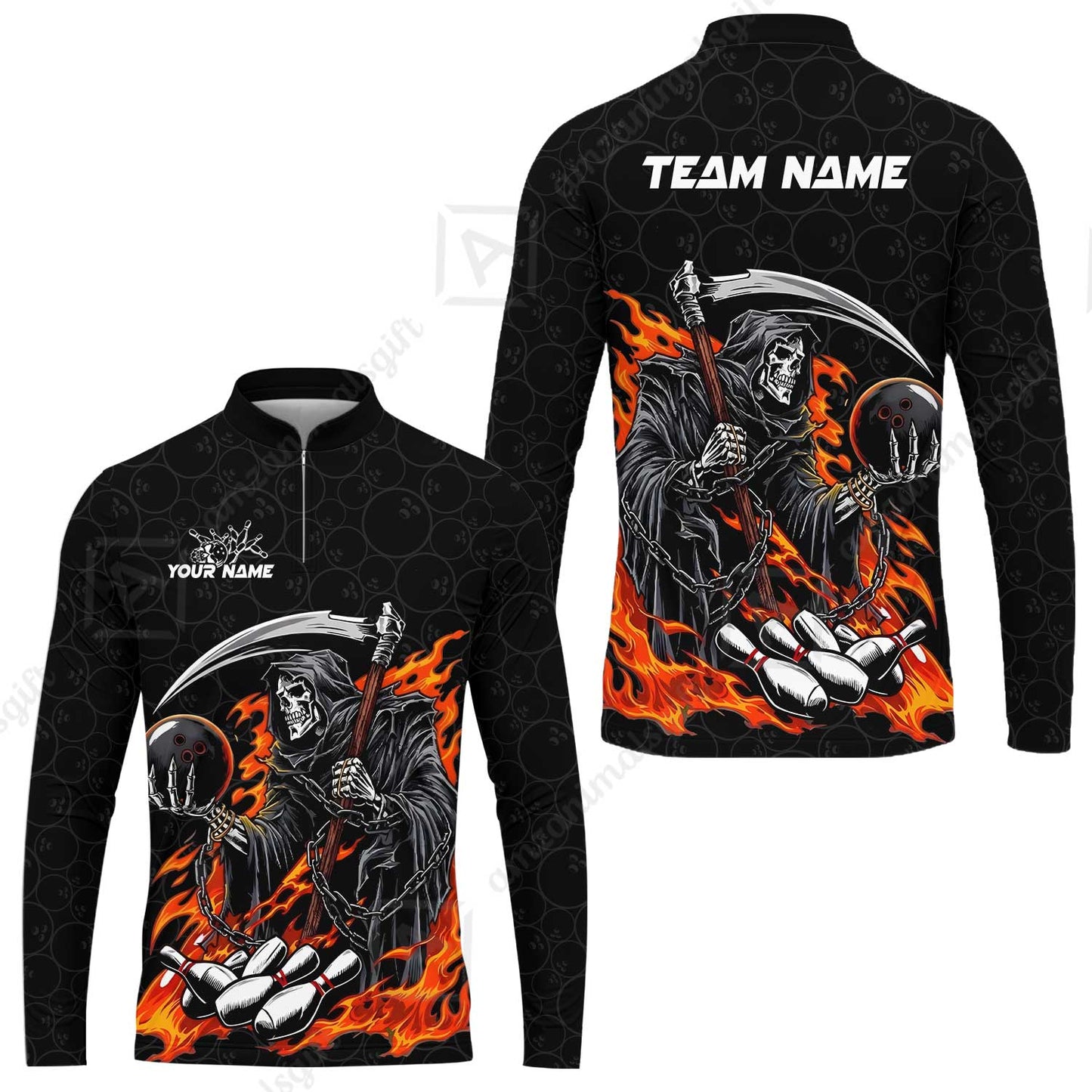 Custom Bowling Jersey Polo Shirt, Grim Reaper Holding Ball, Personalize Name and Team Name