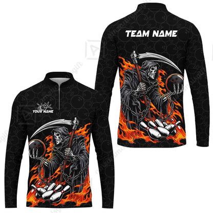 Custom Bowling Jersey Polo Shirt, Grim Reaper Holding Ball, Personalize Name and Team Name