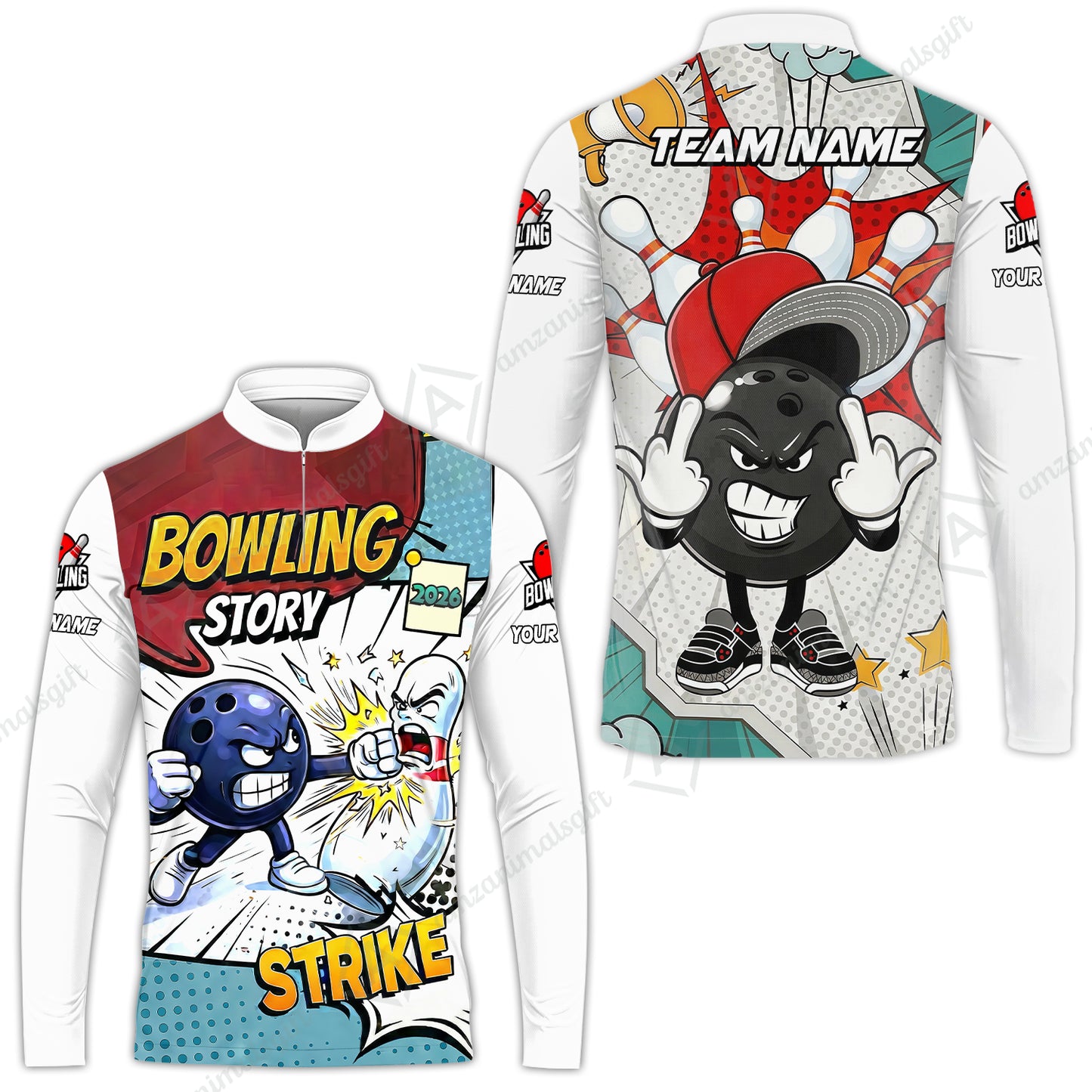 Customized Bowling Team Shirt, Comic Bowling Story Strike Cartoon, Bowling Uniforms, Personalized Name And Team Name