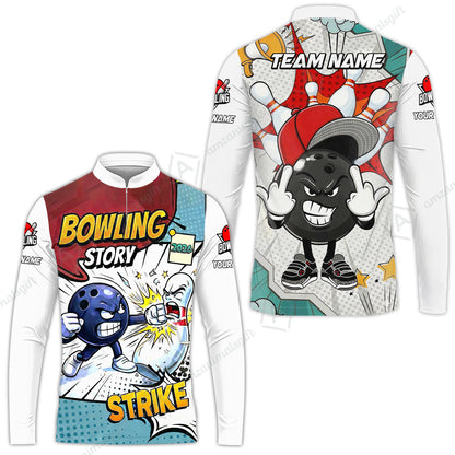 Customized Bowling Team Shirt, Comic Bowling Story Strike Cartoon, Bowling Uniforms, Personalized Name And Team Name