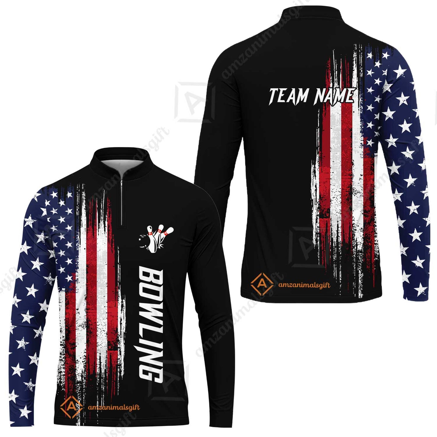 Personalized Polo American Flag Bowling Black Shirt, Bowling Jersey Shirt For Tournament Team Men Women Bowlers