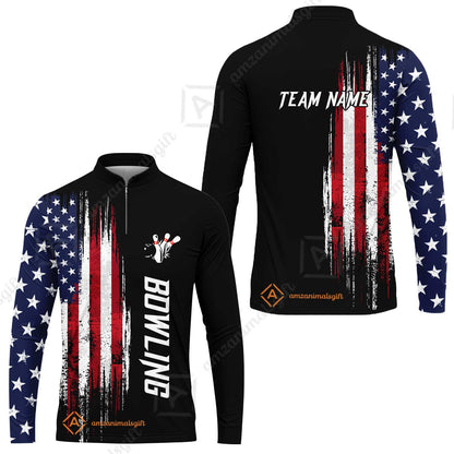Personalized Polo American Flag Bowling Black Shirt, Bowling Jersey Shirt For Tournament Team Men Women Bowlers