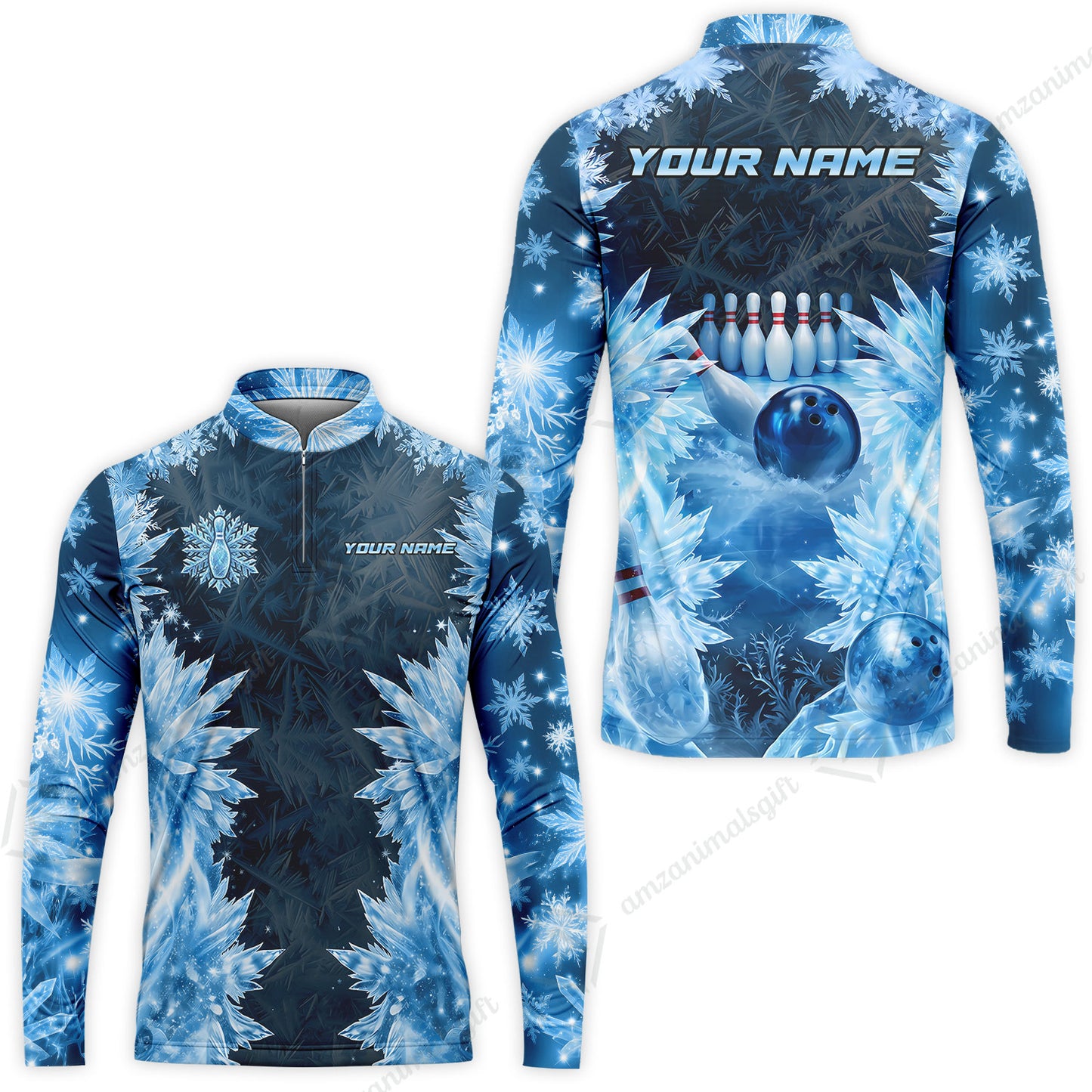 Custom Bowling Jersey Polo Shirt, Frozen Ice Crystal Strike, Custom Bowling Jersey Team Shirt For Players With Name and Team Name