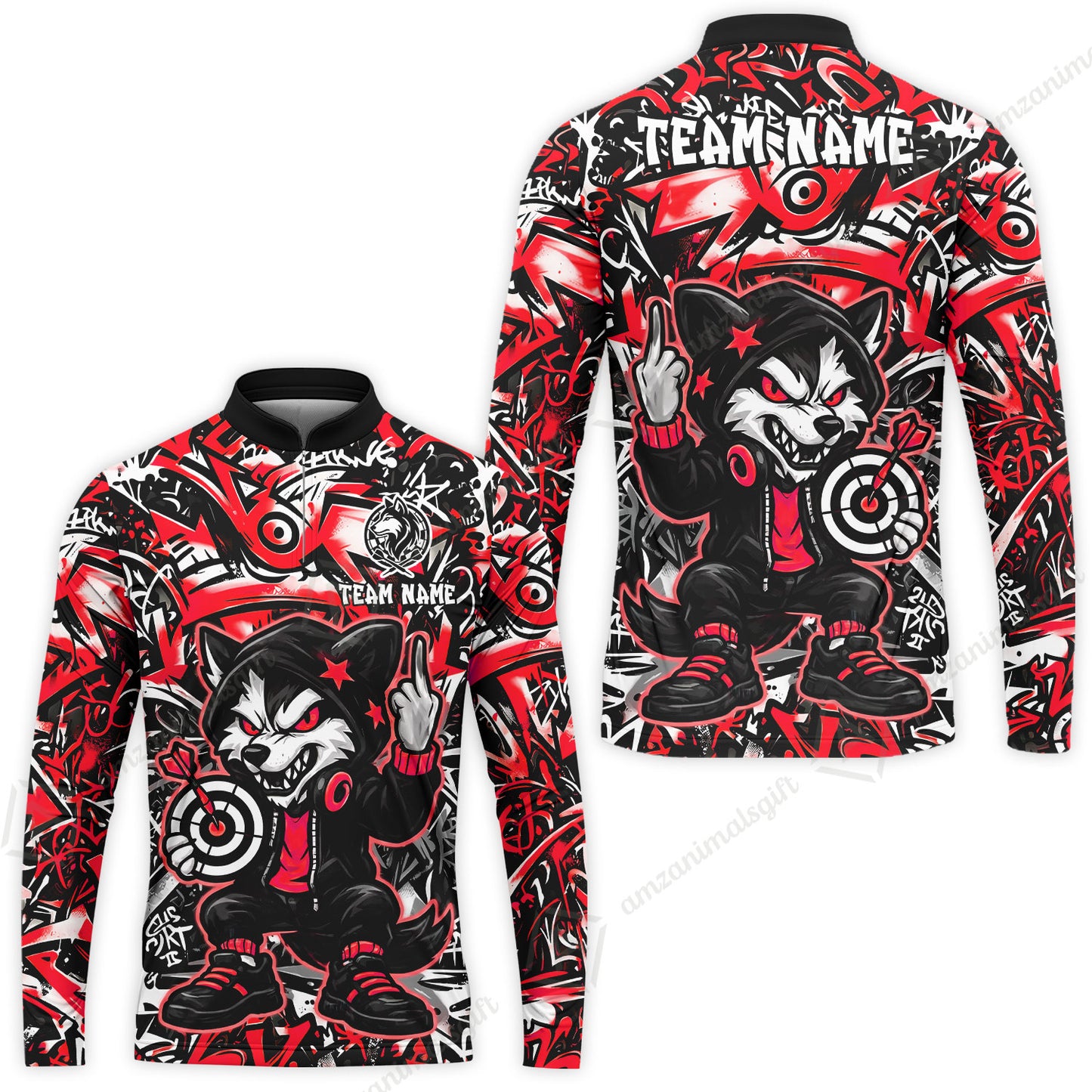 Customized Darts Team Uniform Shirt, Cool Cartoon Wolf With Dartboard, Personalized Name And Team Name