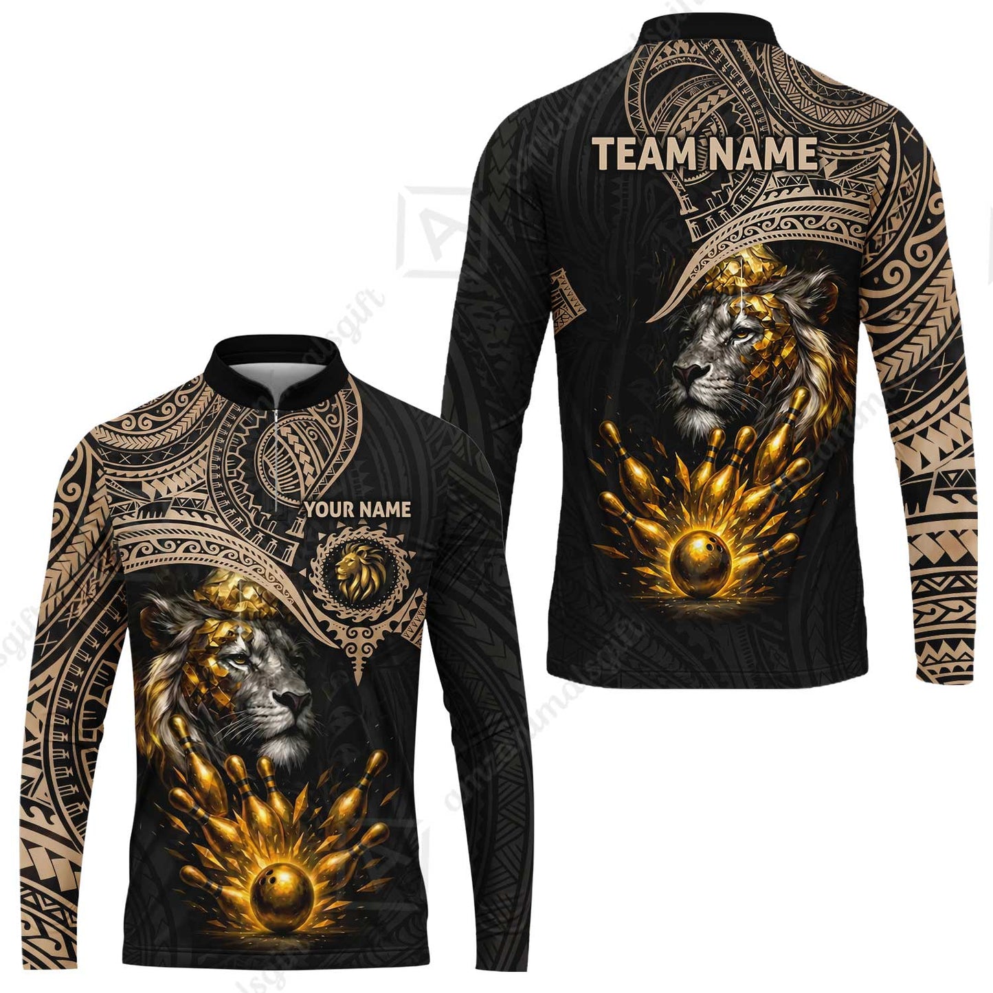 Custom Bowling Jersey Polo Shirt, Regal Golden Tribal Lion, Custom Bowling Jersey Team Shirt For Players With Name and Team Name