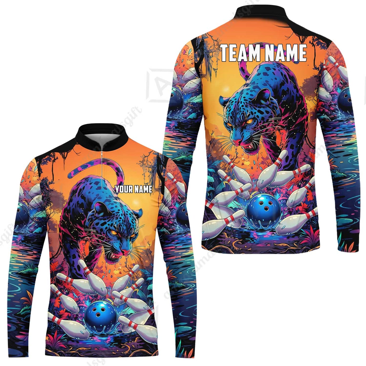 Custom Bowling Jersey Polo Shirt, Psychedelic Neon Jungle Jaguar, Custom Bowling Jersey Team Shirt For Players With Name and Team Name