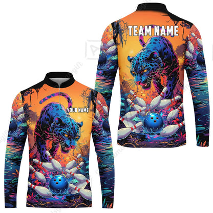 Custom Bowling Jersey Polo Shirt, Psychedelic Neon Jungle Jaguar, Custom Bowling Jersey Team Shirt For Players With Name and Team Name