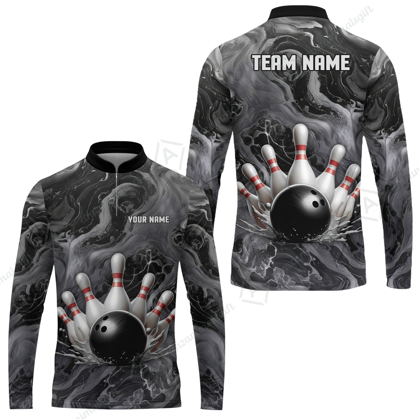 Custom Bowling Team Unisex Polo Shirt, Black Pearl Urethane Bowling Ball Marble Smoke Design for Bowlers