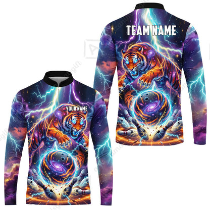 Custom Bowling Jersey Polo Shirt, Galactic Tiger Electric Strike, Custom Bowling Jersey Team Shirt For Players With Name and Team Name