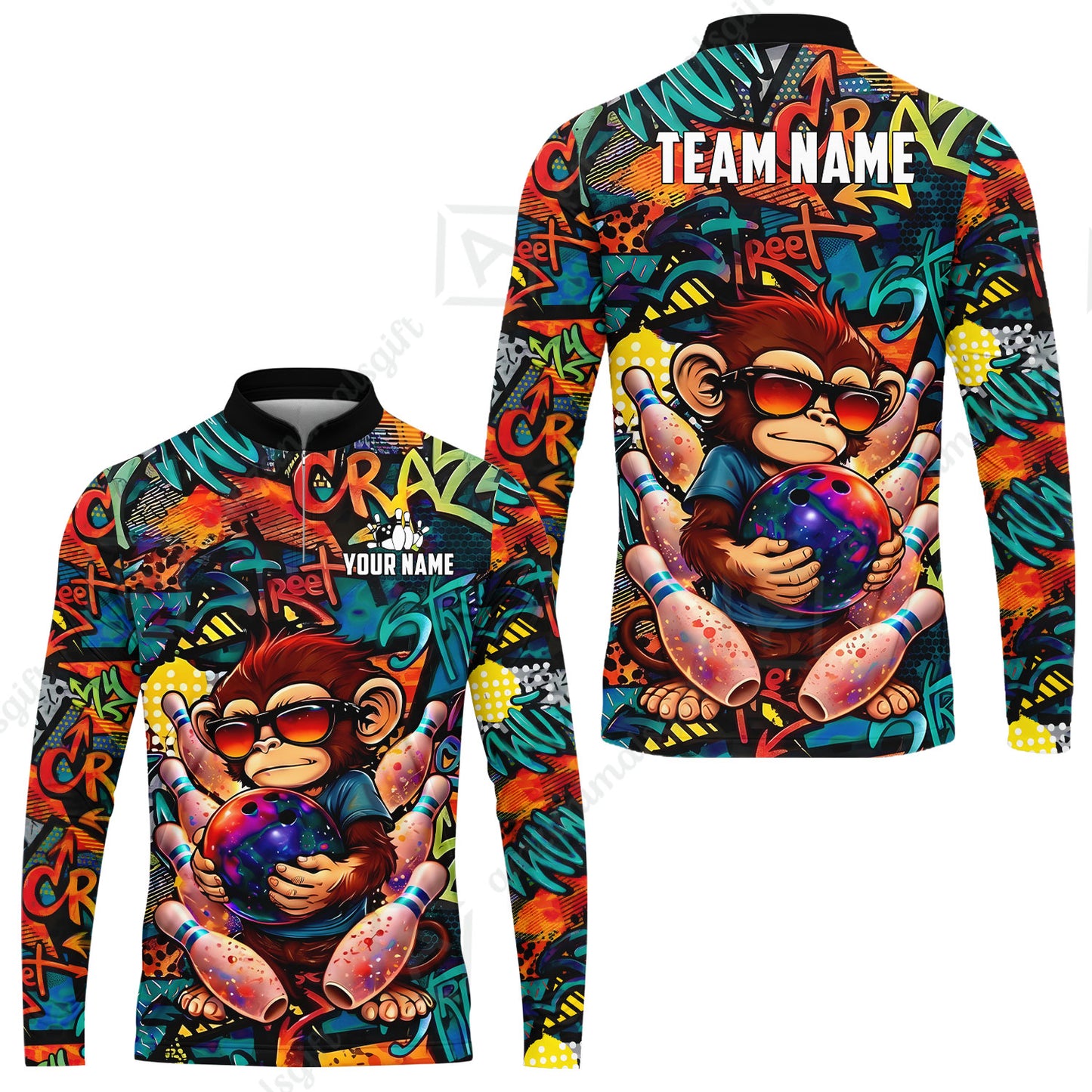 Custom Bowling Jersey Polo Shirt, Street Graffiti Funny Monkey Mascot, Custom Bowling Jersey Team Shirt For Players With Name & Team Name