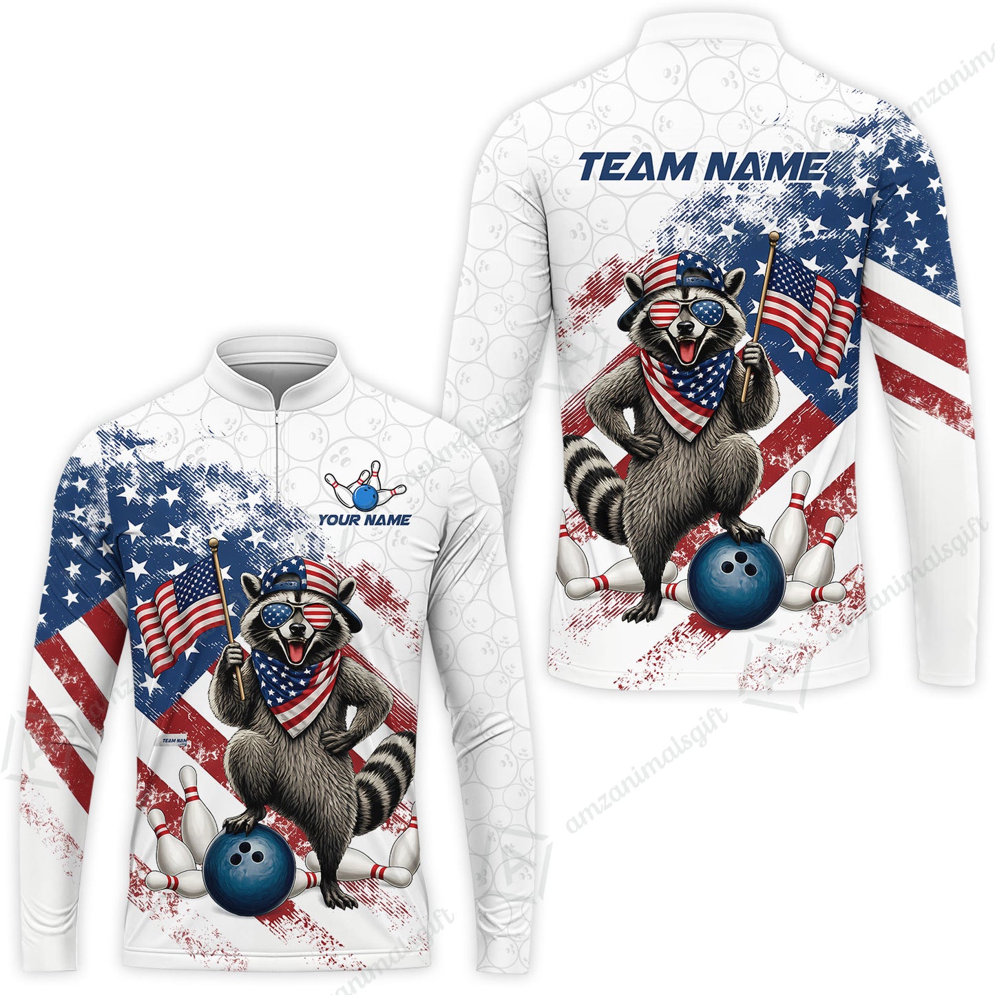 Custom Bowling Jersey Polo Shirt, Racoon America Flag Bowling Pattern, Personalize Name and Team Name