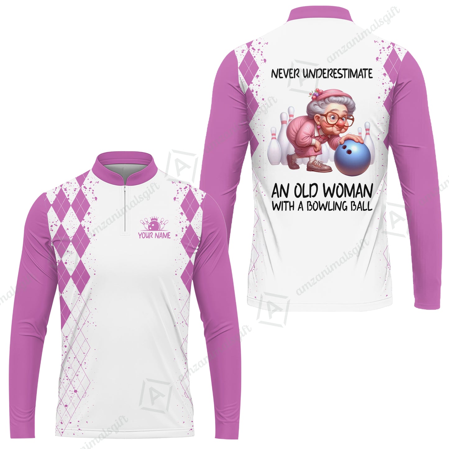 Custom Bowling Jersey Polo Shirt, Never Underestimate An Old Woman With A Bowling Ball, Personalized Name & Team Name