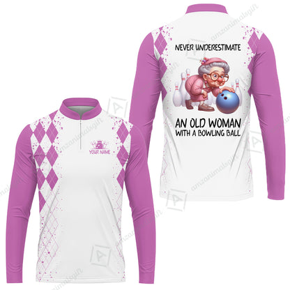 Custom Bowling Jersey Polo Shirt, Never Underestimate An Old Woman With A Bowling Ball, Personalized Name & Team Name