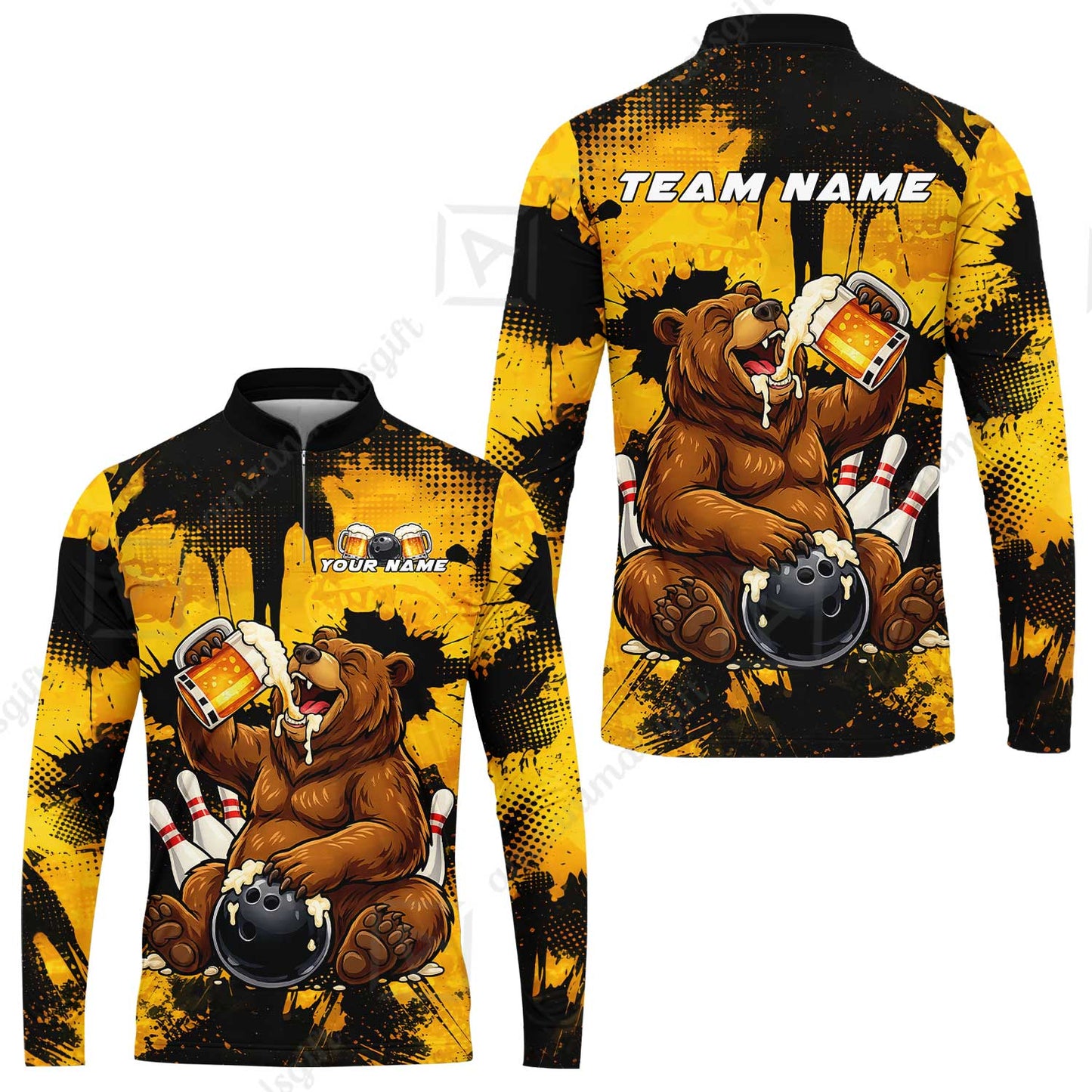 Custom Bowling Jersey Polo Shirt, Grizzly Bear Bowling Custom Bowling Jersey Team Shirt For Players With Name & Team Name