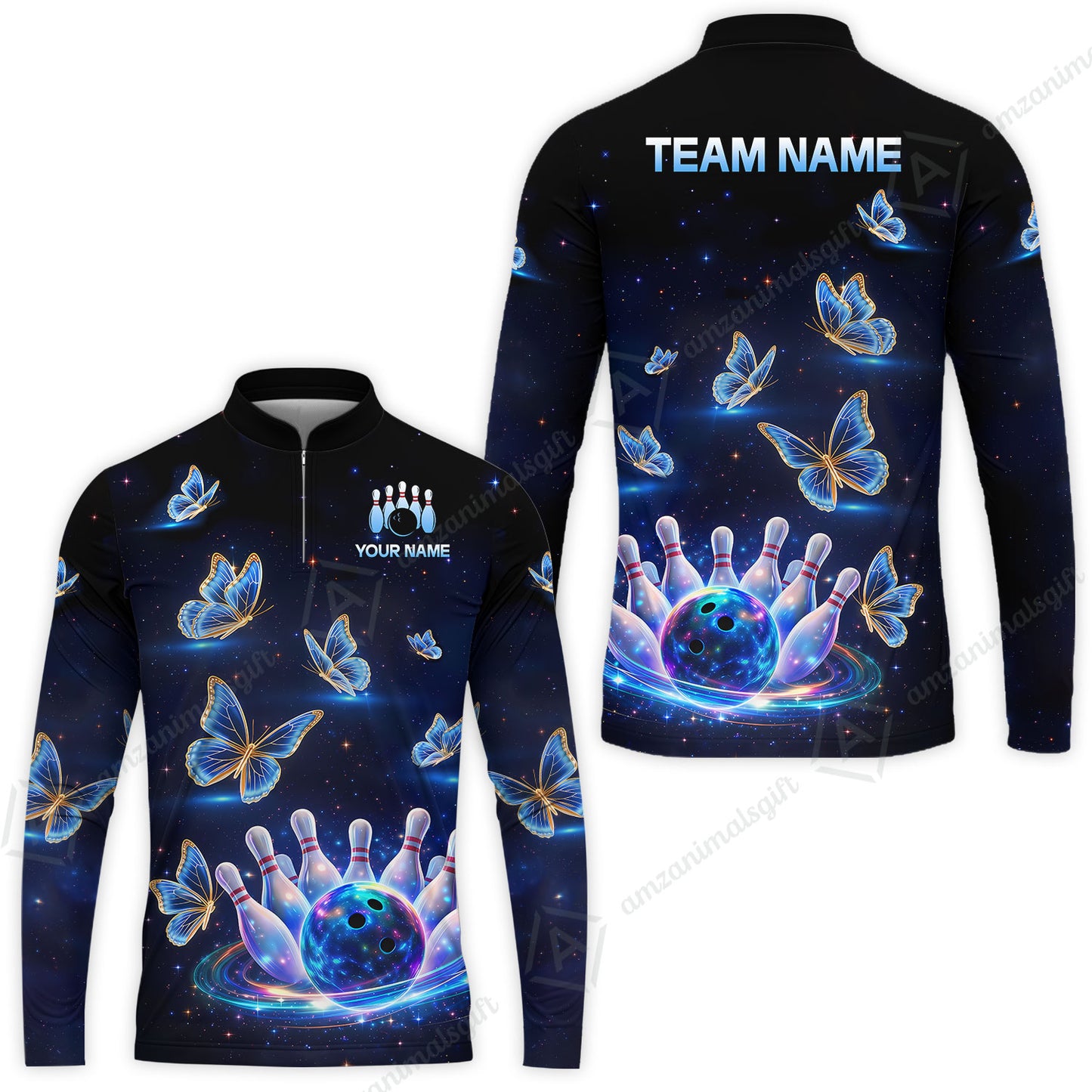 Custom Bowling Jersey Polo Shirt, Bowling Butterfly Galaxy Neon Light, Personalized Name And Team Name