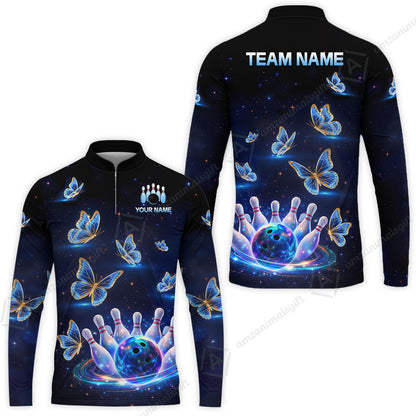Custom Bowling Jersey Polo Shirt, Bowling Butterfly Galaxy Neon Light, Personalized Name And Team Name